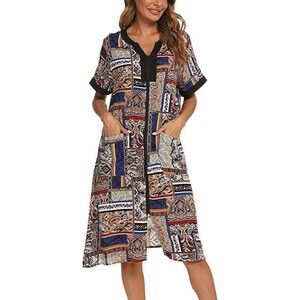 Multicolored Sz Medium Knee Length Full Zip Roomy Dress Front Pockets YOZLY